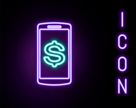 Glowing neon line Smartphone with dollar symbol icon isolated on black background. Online shopping concept. Financial mobile phone. Online payment. Colorful outline concept. Vectorのイラスト素材