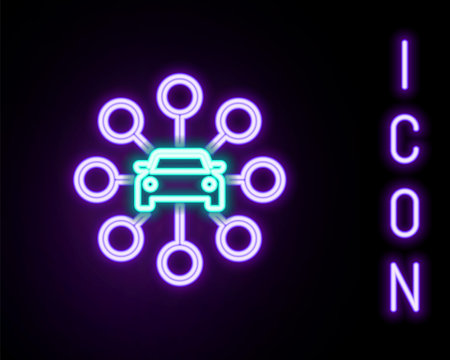 Glowing neon line Car sharing icon isolated on black background. Carsharing sign. Transport renting service concept. Colorful outline concept. Vectorのイラスト素材
