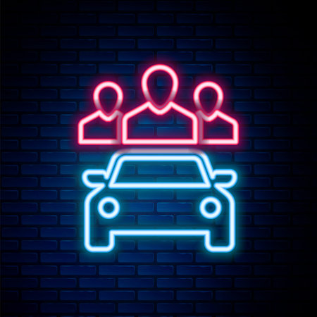 Glowing neon line Car sharing with group of people icon isolated on brick wall background. Carsharing sign. Transport renting service concept. Colorful outline concept. Vectorのイラスト素材