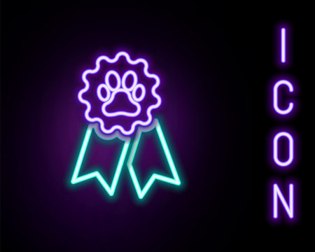 Glowing neon line Pet award symbol icon isolated on black background. Badge with dog or cat paw print and ribbons. Medal for animal. Colorful outline concept. Vectorのイラスト素材