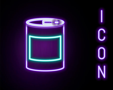 Glowing neon line Canned food icon isolated on black background. Food for animals. Pet food can. Colorful outline concept. Vectorのイラスト素材