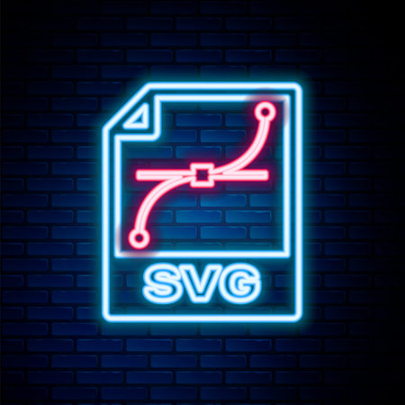 Glowing neon line SVG file document. Download svg button icon isolated on brick wall background. SVG file symbol. Colorful outline concept. Vectorのイラスト素材