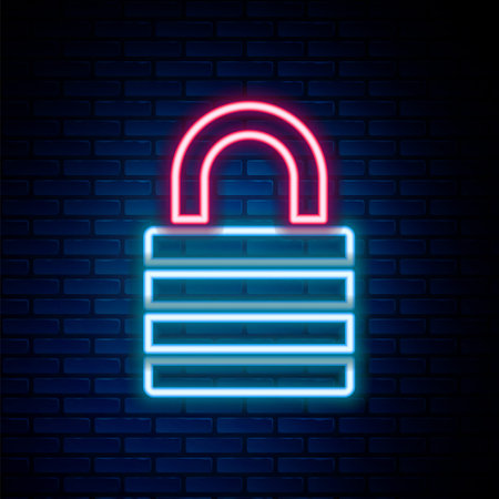 Glowing neon line Lock icon isolated on brick wall background. Padlock sign. Security, safety, protection, privacy concept. Colorful outline concept. Vectorのイラスト素材