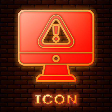 Glowing neon Computer monitor with exclamation mark icon isolated on brick wall background. Alert message smartphone notification. Vectorのイラスト素材