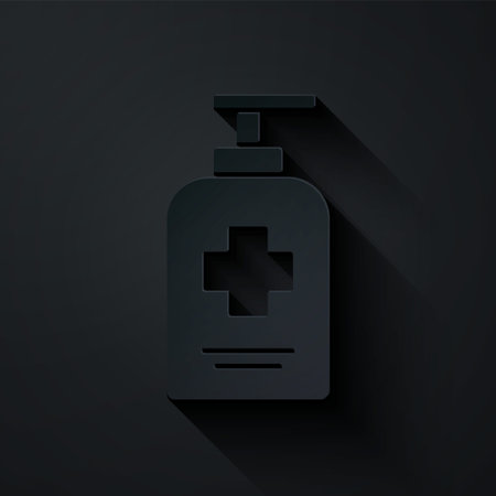 Paper cut Bottle of liquid antibacterial soap with dispenser icon isolated on black background. Antiseptic. Disinfection, hygiene, skin care. Paper art style. Vector.のイラスト素材