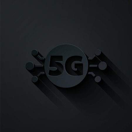 Paper cut 5G new wireless internet wifi connection icon isolated on black background. Global network...