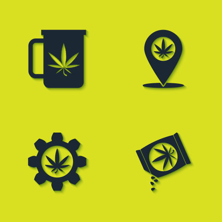 Set Cup tea with marijuana, Marijuana or cannabis seeds, Test tube and Location and icon. Vectorのイラスト素材
