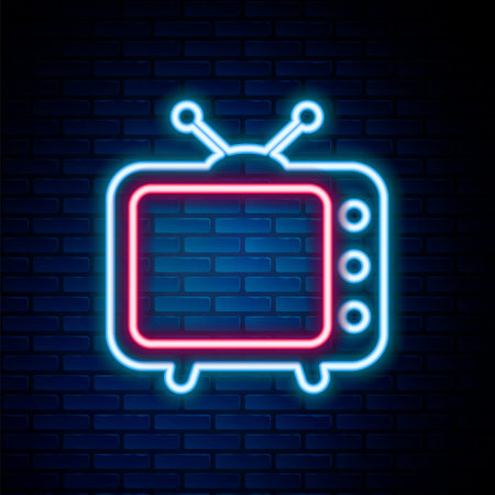 Glowing neon line Tv icon isolated on brick wall background. Television sign. Colorful outline concept. Vectorのイラスト素材
