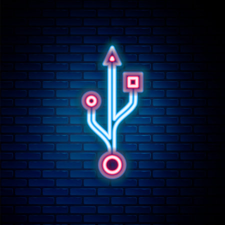 Glowing neon line USB symbol icon isolated on brick wall background. Colorful outline concept. Vectorのイラスト素材