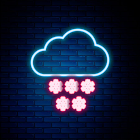 Glowing neon line Cloud with snow icon isolated on brick wall background. Cloud with snowflakes. Single weather icon. Snowing sign. Colorful outline concept. Vectorのイラスト素材