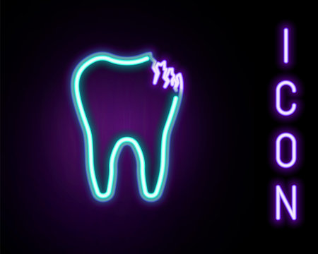 Glowing neon line Broken tooth icon isolated on black background. Dental problem icon. Dental care symbol. Colorful outline concept. Vectorのイラスト素材