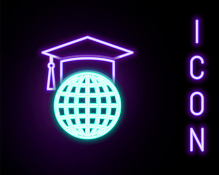 Glowing neon line Graduation cap on globe icon isolated on black background. World education symbol. Online learning or e-learning concept. Colorful outline concept. Vectorのイラスト素材