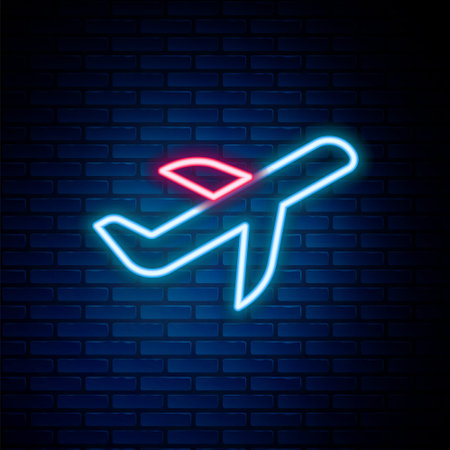 Glowing neon line Plane icon isolated on brick wall background. Flying airplane icon. Airliner sign. Colorful outline concept. Vectorのイラスト素材