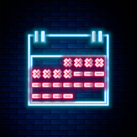 Glowing neon line Calendar icon isolated on brick wall background. Colorful outline concept. Vectorのイラスト素材