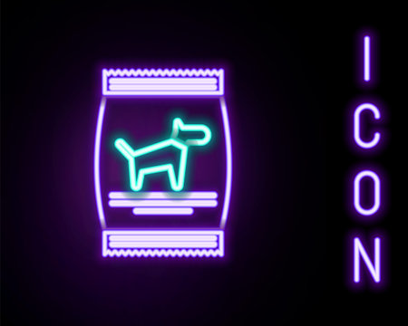 Glowing neon line Bag of food for dog icon isolated on black background. Food for animals. Pet food package. Colorful outline concept. Vectorのイラスト素材