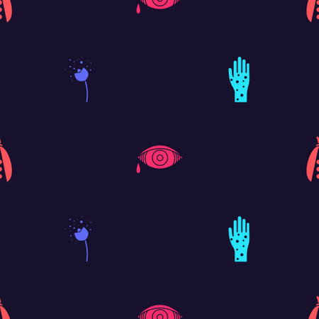 Set Hand with psoriasis or eczema, Flower producing pollen, Reddish eye allergic conjunctivitis and Kidney beans on seamless pattern. Vectorのイラスト素材