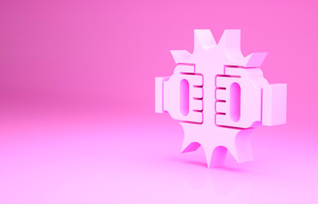Pink Punch in boxing gloves icon isolated on pink background. Boxing gloves hitting together with explosive. Minimalism concept. 3d illustration 3D renderの写真素材
