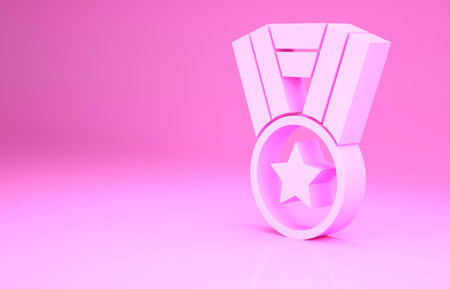Pink Medal icon isolated on pink background. Winner achievement sign. Award medal. Minimalism concept. 3d illustration 3D renderの写真素材