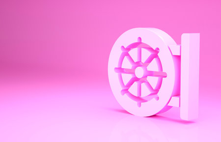 Pink Dharma wheel icon isolated on pink background. Buddhism religion sign. Dharmachakra symbol. Minimalism concept. 3d illustration 3D renderの写真素材