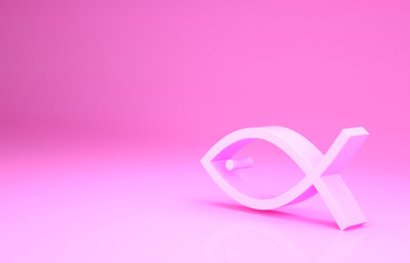 Pink Christian fish symbol icon isolated on pink background. Jesus fish symbol. Minimalism concept. 3d illustration 3D renderの写真素材