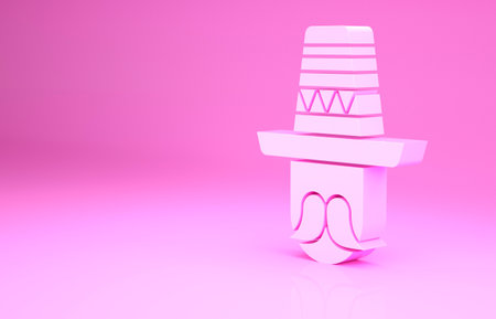 Pink Mexican man wearing sombrero icon isolated on pink background. Hispanic man with a mustache. Minimalism concept. 3d illustration 3D renderの写真素材