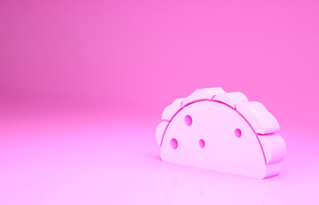 Pink Taco with tortilla icon isolated on pink background. Traditional mexican fast food menu. Minimalism concept. 3d illustration 3D renderの写真素材