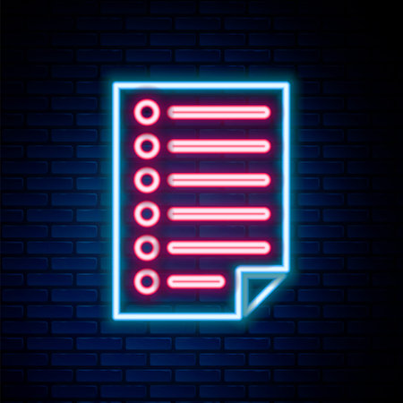 Glowing neon line Document icon isolated on brick wall background. File icon. Checklist icon. Business concept. Colorful outline concept. Vectorのイラスト素材