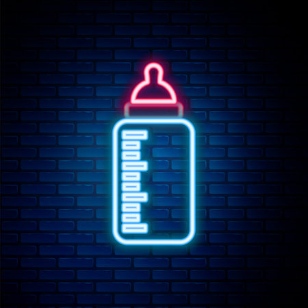 Glowing neon line Baby bottle icon isolated on brick wall background. Feeding bottle icon. Milk bottle sign. Colorful outline concept. Vectorのイラスト素材