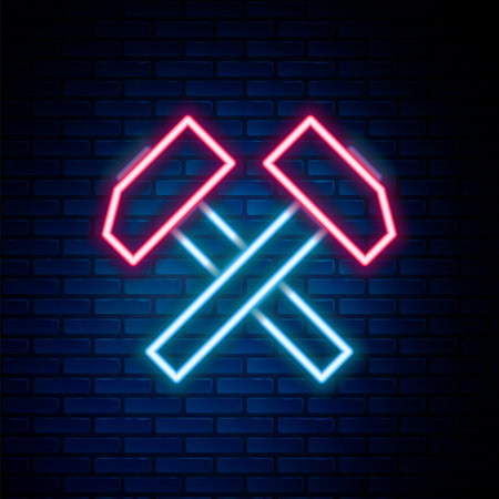Glowing neon line Two crossed hammers icon isolated on brick wall background. Tool for repair. Colorful outline concept. Vectorのイラスト素材
