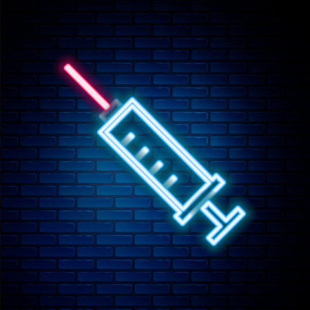 Glowing neon line Syringe icon isolated on brick wall background. Syringe for vaccine, vaccination, injection, flu shot. Medical equipment. Colorful outline concept. Vectorのイラスト素材