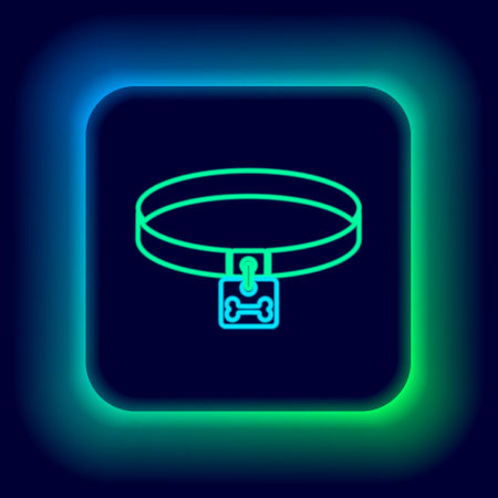 Glowing neon line Dog collar with name tag and bone plaque icon isolated on black background. Supplies for domestic animal. Cat and dog care. Pet dog chains. Colorful outline concept. Vectorのイラスト素材