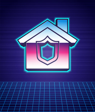 Retro style House with shield icon isolated futuristic landscape background. Insurance concept. Security, safety, protection, protect concept. 80s fashion party. Vectorのイラスト素材