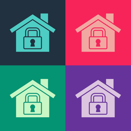 Pop art House under protection icon isolated on color background. Home and lock. Protection, safety, security, protect, defense concept. Vectorのイラスト素材