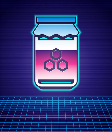 Retro style Jar of honey icon isolated futuristic landscape background. Food bank. Sweet natural food symbol. 80s fashion party. Vectorのイラスト素材