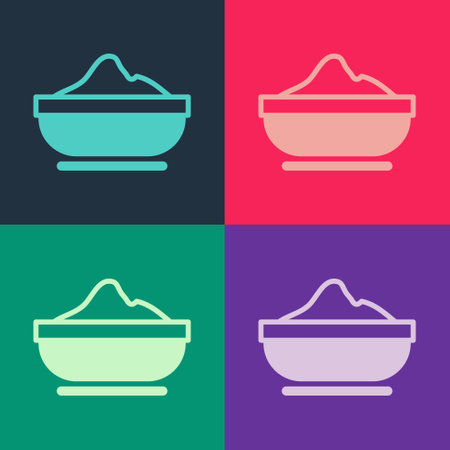 Pop art Flour bowl icon isolated on color background. Baking Ingredients. Healthy organic food. Kitchen utensils cup. Dough cooking. Vectorのイラスト素材