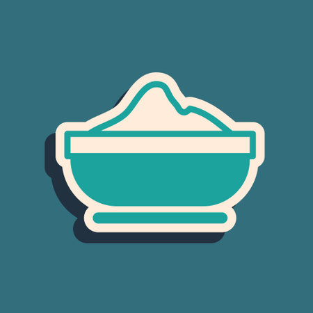 Green Flour bowl icon isolated on green background. Baking Ingredients. Healthy organic food. Kitchen utensils cup. Dough cooking. Long shadow style. Vectorのイラスト素材