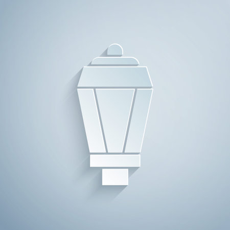 Paper cut Garden light lamp icon isolated on grey background. Solar powered lamp. Lantern. Street lamp. Paper art style. Vectorのイラスト素材