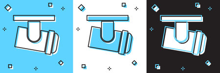 Set Led track lights and lamps with spotlights icon isolated on blue and white, black background....
