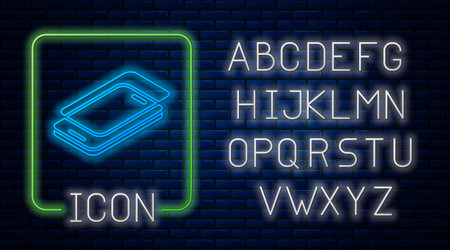 Glowing neon Glass screen protector for smartphone icon isolated on brick wall background. Protective film for glass. Transparent soft glass for mobile phone. Neon light alphabet. Vectorのイラスト素材