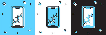 Set Smartphone with broken screen icon isolated on blue and white, black background. Shattered phone screen icon. Vectorのイラスト素材