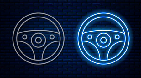 Glowing neon line Steering wheel icon isolated on brick wall background. Car wheel icon. Vectorのイラスト素材