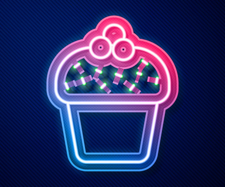 Glowing neon line Cake icon isolated on blue background. Happy Birthday. Vectorのイラスト素材