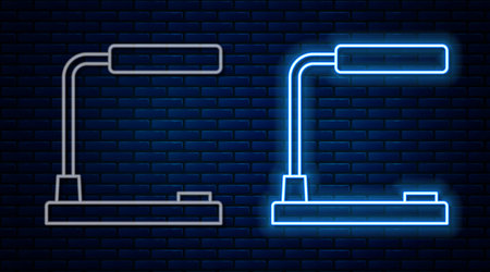 Glowing neon line Table lamp icon isolated on brick wall background. Desk lamp. Vectorのイラスト素材