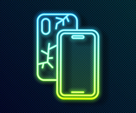 Glowing neon line Smartphone with broken screen icon isolated on black background. Shattered phone screen icon. Vectorのイラスト素材