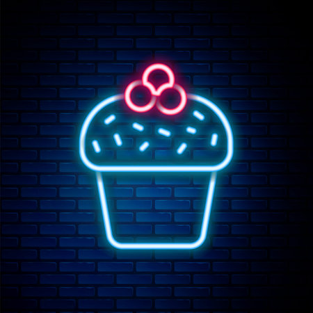 Glowing neon line Cake icon isolated on brick wall background. Happy Birthday. Colorful outline concept. Vectorのイラスト素材