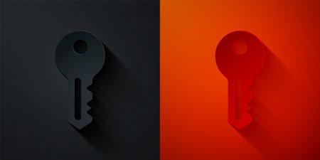 Paper cut House key icon isolated on black and red background. Paper art style. Vectorのイラスト素材