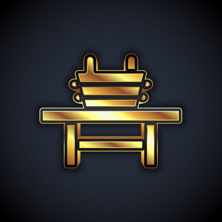 Gold Sauna bench with bucket icon isolated on black background. Vectorのイラスト素材