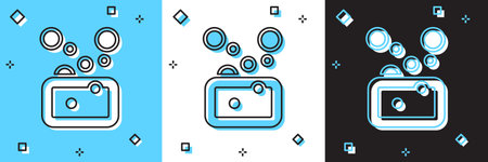 Set Bar of soap icon isolated on blue and white, black background. Soap bar with bubbles. Vector