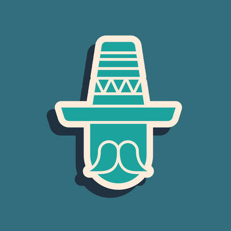 Green Mexican man wearing sombrero icon isolated on green background. Hispanic man with a mustache. Long shadow style. Vectorのイラスト素材