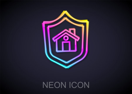 Glowing neon line House with shield icon isolated on black background. Insurance concept. Security, safety, protection, protect concept. Vectorのイラスト素材